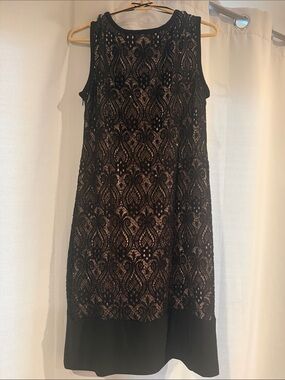 R&M Richards Black Lace Overlay Sleeveless Sheath Dress